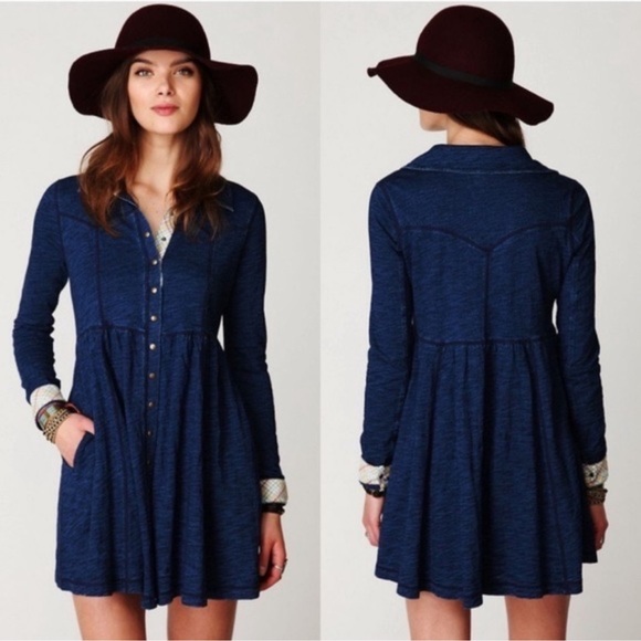 Free People Stretch Denim Knit Button Down Shirt Dress - Picture 3 of 10